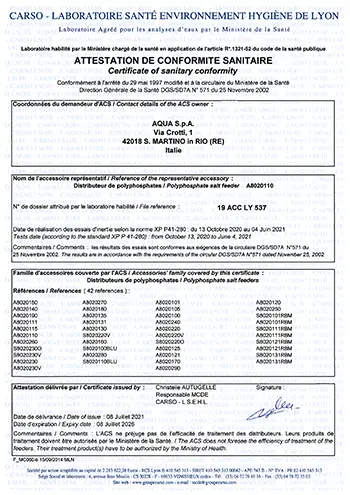 Certificado ACS Dosificador de polifosfato 2021-2026